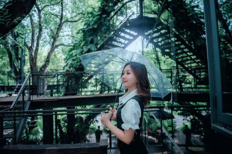 ผู้หญิงพกร่มเพื่อเตรียมตัวเที่ยวหน้าฝน