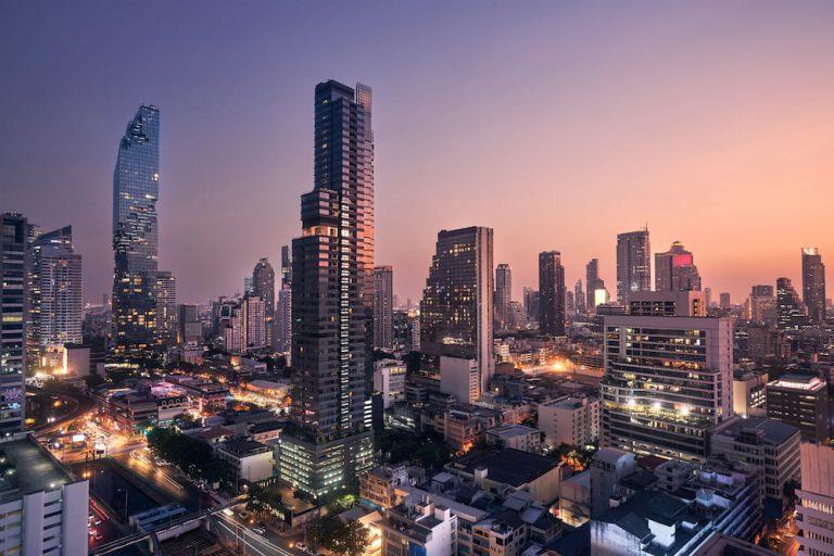 View of the urban skyline in Bangkok. Nightlife makes up the city’s character, including in Sathorn