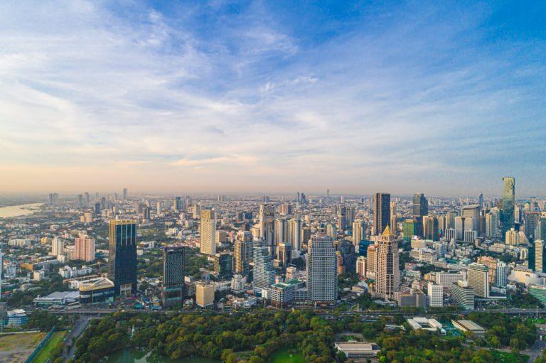 Aerial view of Bangkok city skyline with Lumpini Park