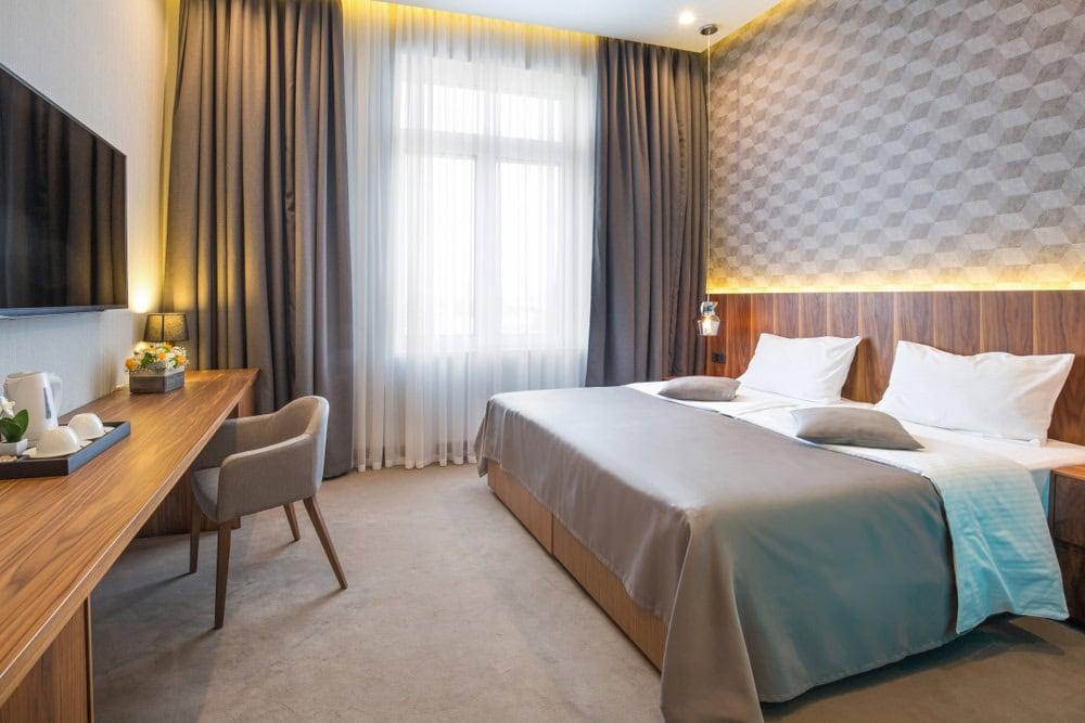 Interior of a hotel bedroom.
